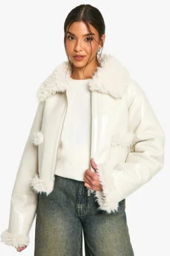 Up To 80% Off Winter Warmers|Aviator Jackets*boohoo Vinyl Faux Fur Trim Jacket off white
