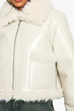 Up To 80% Off Winter Warmers|Aviator Jackets*boohoo Vinyl Faux Fur Trim Jacket off white