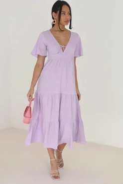 Midi Dresses*Brave Soul V-Neck Flutter Sleeve Tiered Midi Dress Lilac