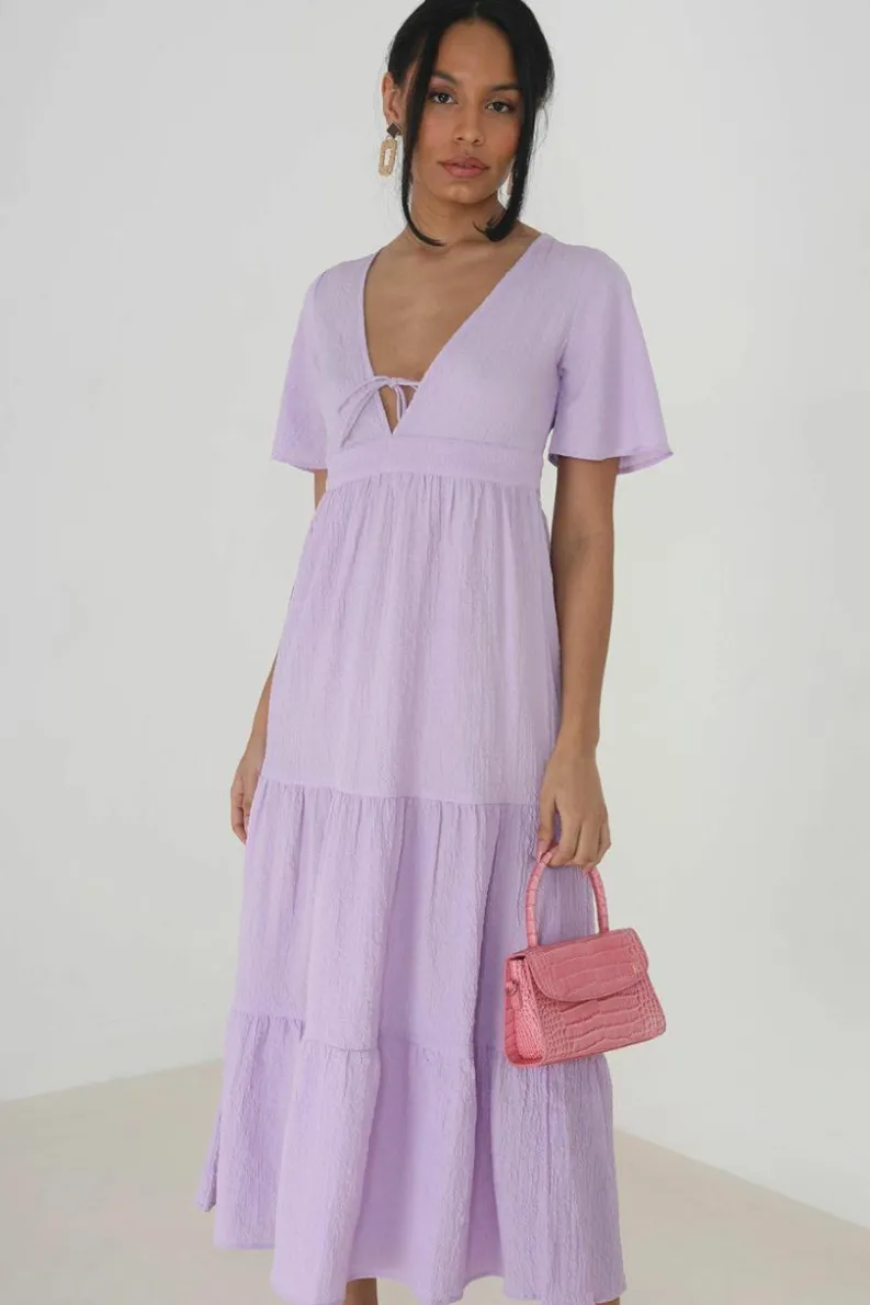 Midi Dresses*Brave Soul V-Neck Flutter Sleeve Tiered Midi Dress Lilac