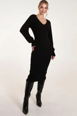 Jumper Dresses|Jumper Dresses*Blue Vanilla V-Neck Ribbed Dress Black