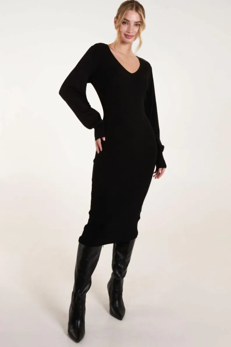 Jumper Dresses|Jumper Dresses*Blue Vanilla V-Neck Ribbed Dress Black