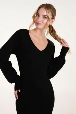Jumper Dresses|Jumper Dresses*Blue Vanilla V-Neck Ribbed Dress Black