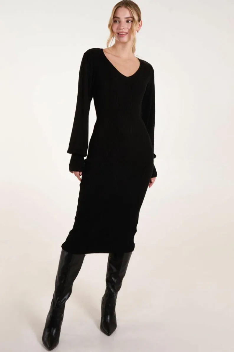 Jumper Dresses|Jumper Dresses*Blue Vanilla V-Neck Ribbed Dress Black