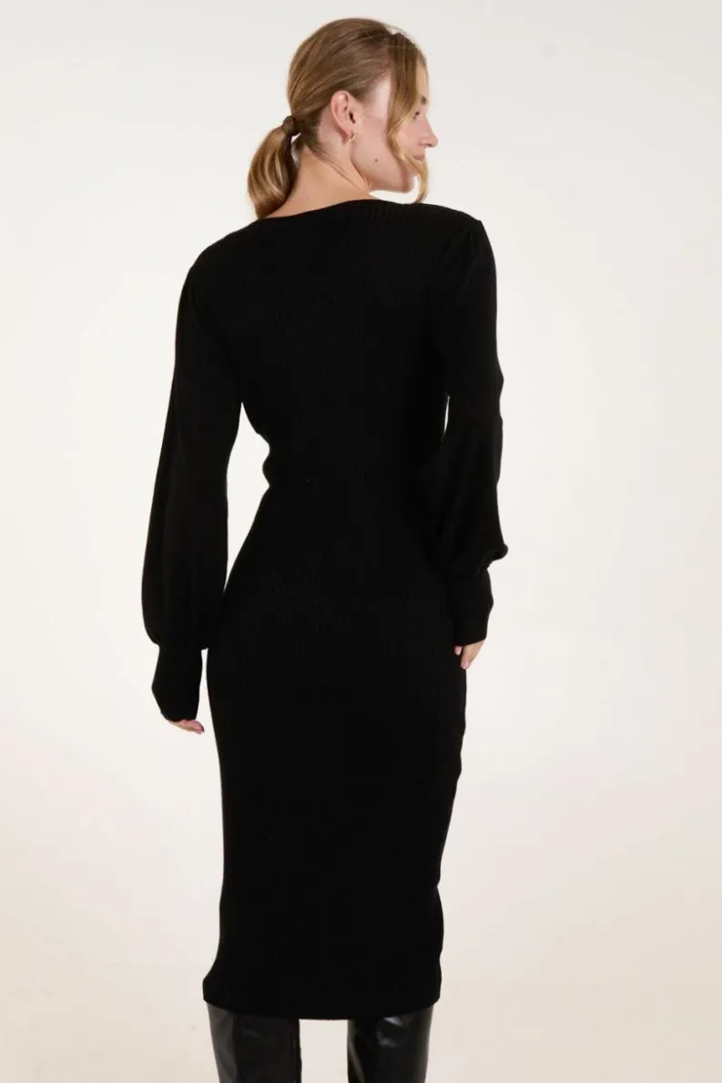 Jumper Dresses|Jumper Dresses*Blue Vanilla V-Neck Ribbed Dress Black