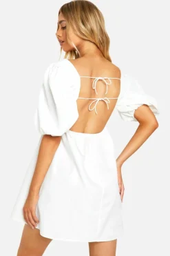 Smock Dresses*boohoo Volume Sleeve Tie Back Mini Dress white