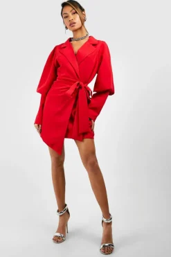 Blazer Dresses*boohoo Volume Sleeve Tie Waist Blazer Dress red