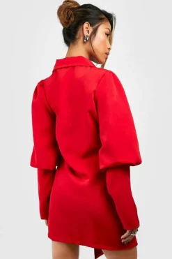 Blazer Dresses*boohoo Volume Sleeve Tie Waist Blazer Dress red