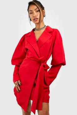 Blazer Dresses*boohoo Volume Sleeve Tie Waist Blazer Dress red