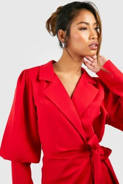 Blazer Dresses*boohoo Volume Sleeve Tie Waist Blazer Dress red