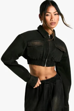Up To 80% Off Winter Warmers|Denim Jackets*boohoo Washed Extreme Crop Denim Jacket black