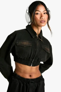 Up To 80% Off Winter Warmers|Denim Jackets*boohoo Washed Extreme Crop Denim Jacket black