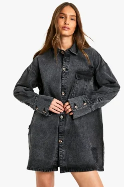 Shirt Dresses|Mini Dresses*boohoo Oversized Denim Shirt Dress washed black
