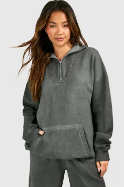 Sweatshirts|Hoodies & Sweatshirts*boohoo Washed Half Zip Oversized Sweatshirt charcoal