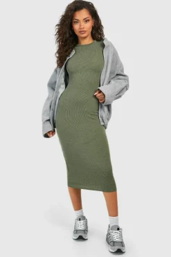 Bodycon Dresses|Midi Dresses*boohoo Washed Rib Short Sleeve Midi Dress khaki
