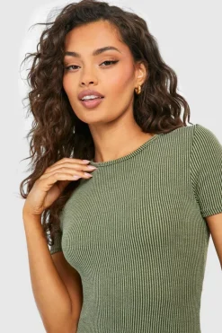 Bodycon Dresses|Midi Dresses*boohoo Washed Rib Short Sleeve Midi Dress khaki