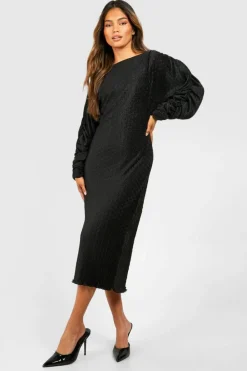 Midi Dresses*boohoo Wave Plisse Rouched Sleeve Midi Dress black