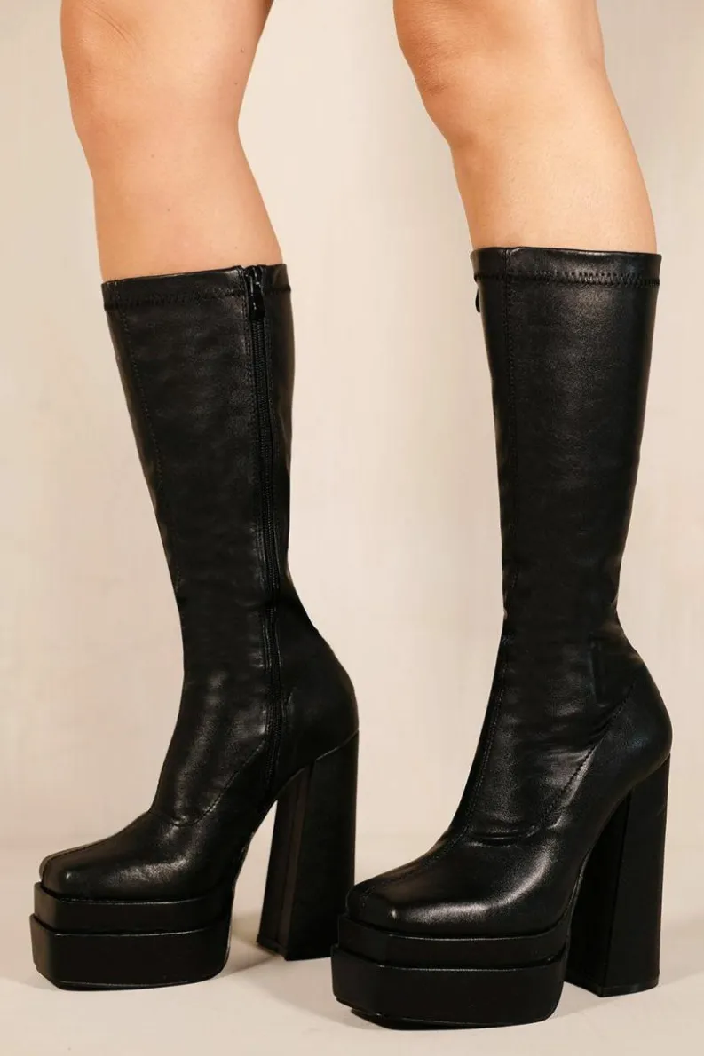 Calf High Boots|Heeled Boots*Where's That From Waverly' Block Heel Calf High Stretch Boots With Square Toe Black