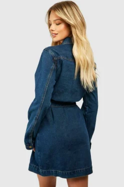 Shirt Dresses*boohoo Western Belted Denim Mini Shirt Dress mid blue