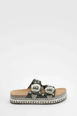 Sandals*boohoo Western Buckle Detail Flatform Sandals black