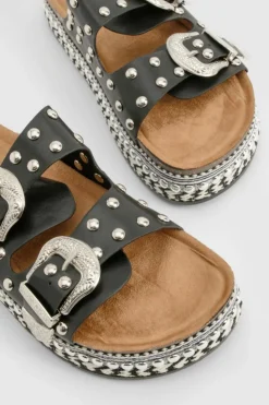 Sandals*boohoo Western Buckle Detail Flatform Sandals black