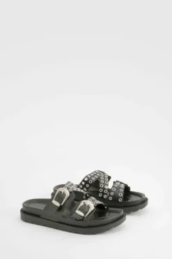 Sandals*boohoo Western Buckle Eyelet Chunky Sliders black