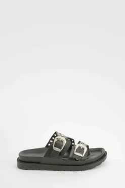 Sandals*boohoo Western Buckle Eyelet Chunky Sliders black