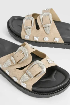 Sandals*boohoo Western Detail Buckle Footbed Buckle Sliders taupe