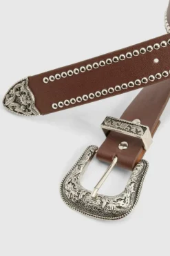 Belts*boohoo Western Silver Studded Belt brown