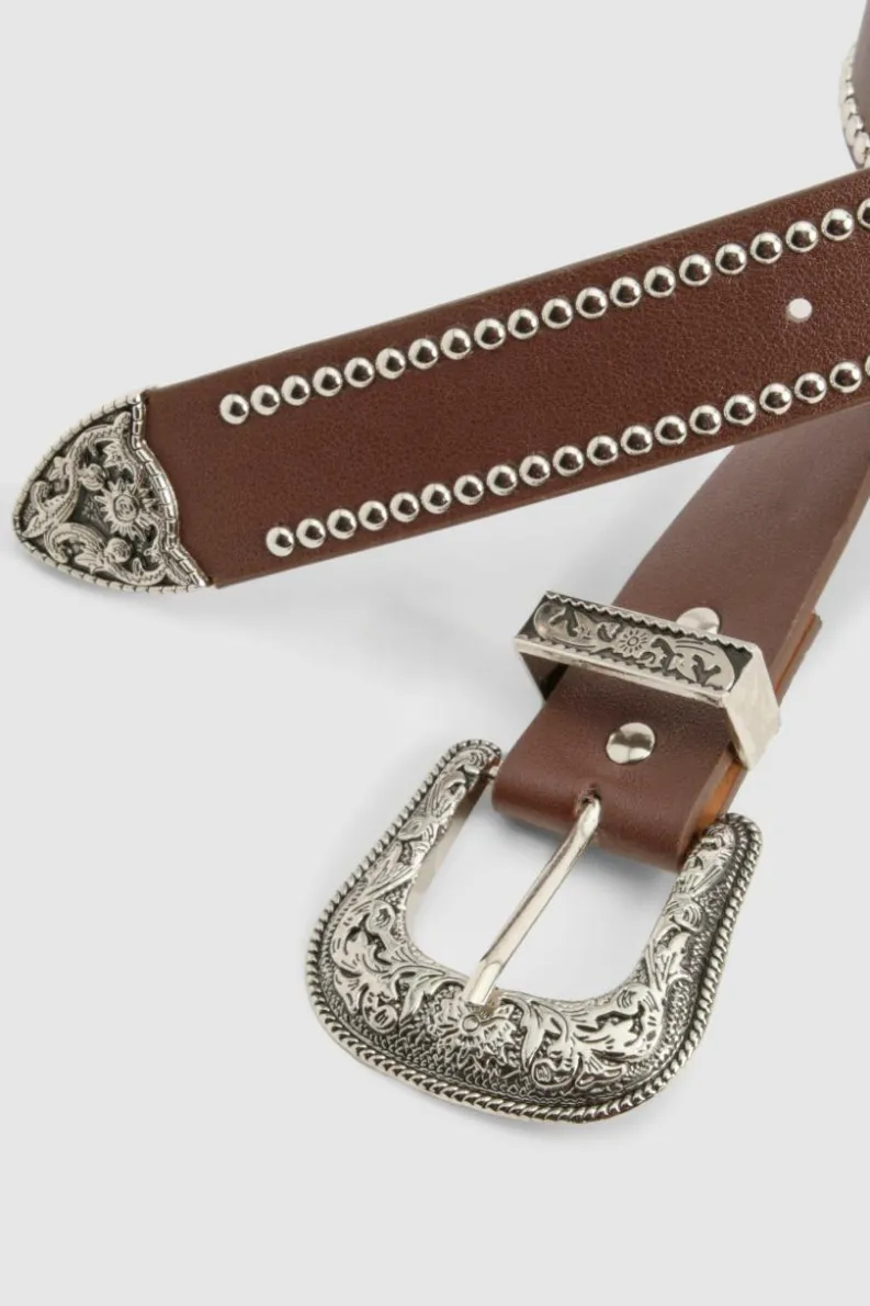 Belts*boohoo Western Silver Studded Belt brown