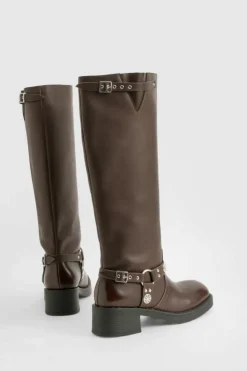 Knee High Boots|Cowboy Boots*boohoo Western Style Buckle Detail Knee High Boots brown