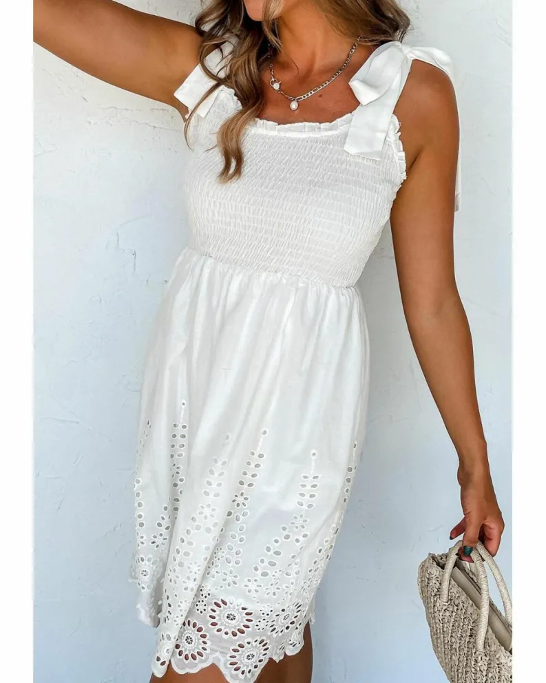 Smock Dresses*Azura Exchange Adjustable Tie Straps Smocked Mini Dress White
