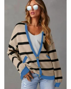 Cardigans*Azura Exchange Colorblock Drop Shoulder Buttoned Loose Cardigan White