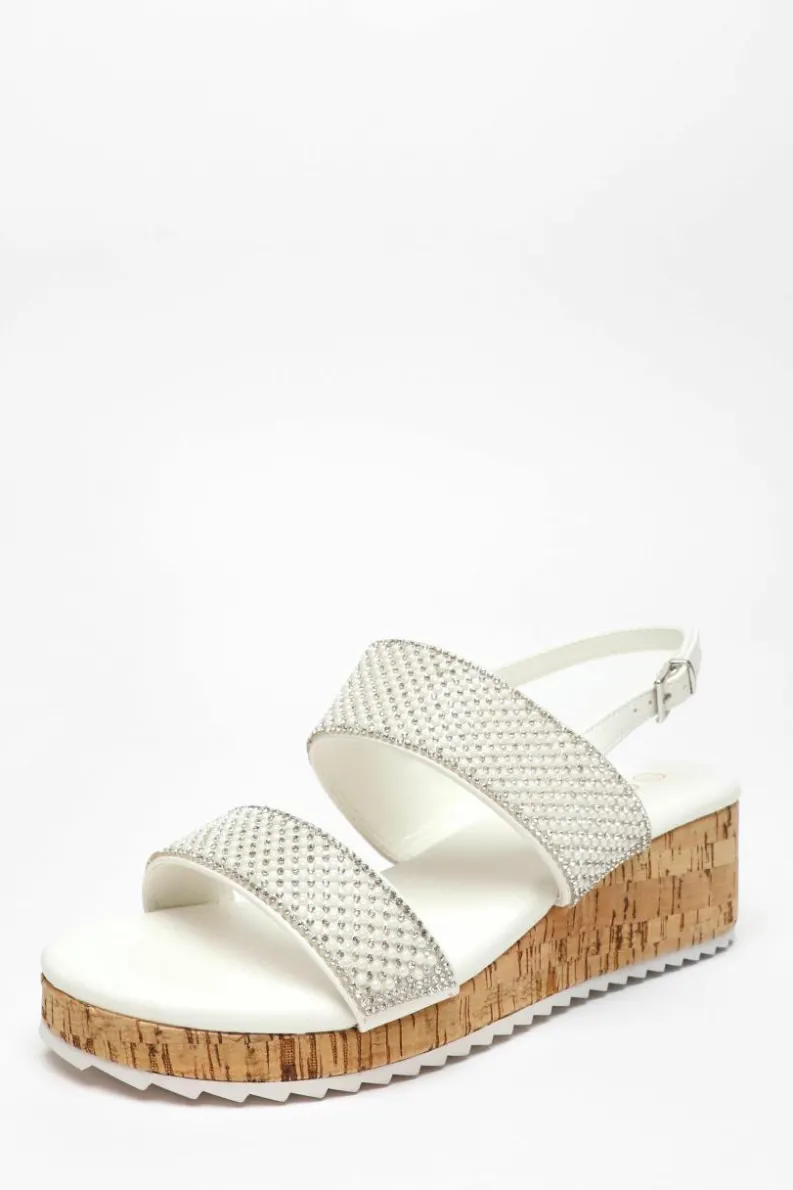 Sandals*Quiz Diamante Double Strap Low Wedges White