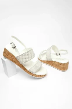 Sandals*Quiz Diamante Double Strap Low Wedges White