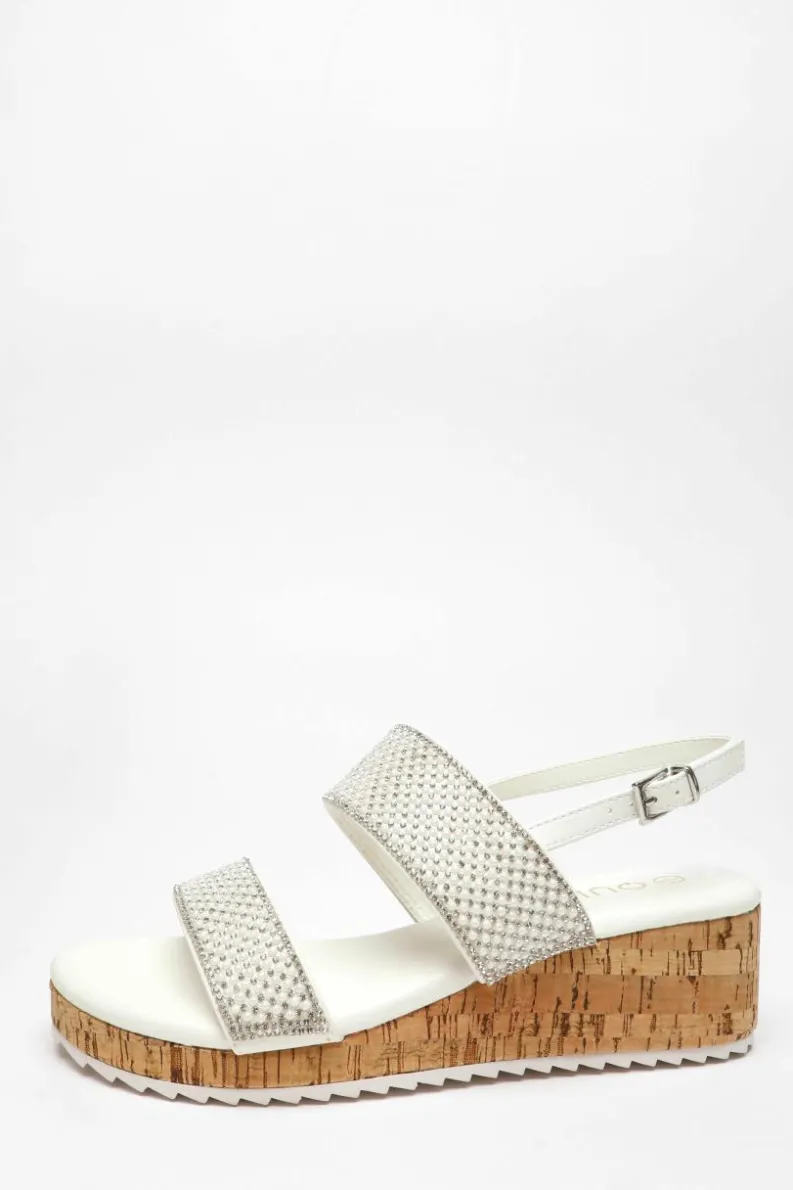 Sandals*Quiz Diamante Double Strap Low Wedges White