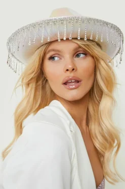 Hats & Gloves|Hats & Gloves*boohoo Diamante Tassel Trim Cowboy Hat white