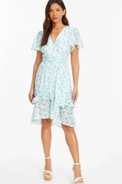 Wrap Dresses|Skater Dresses*Quiz Ditsy Print Chiffon Wrap Midi Dress White