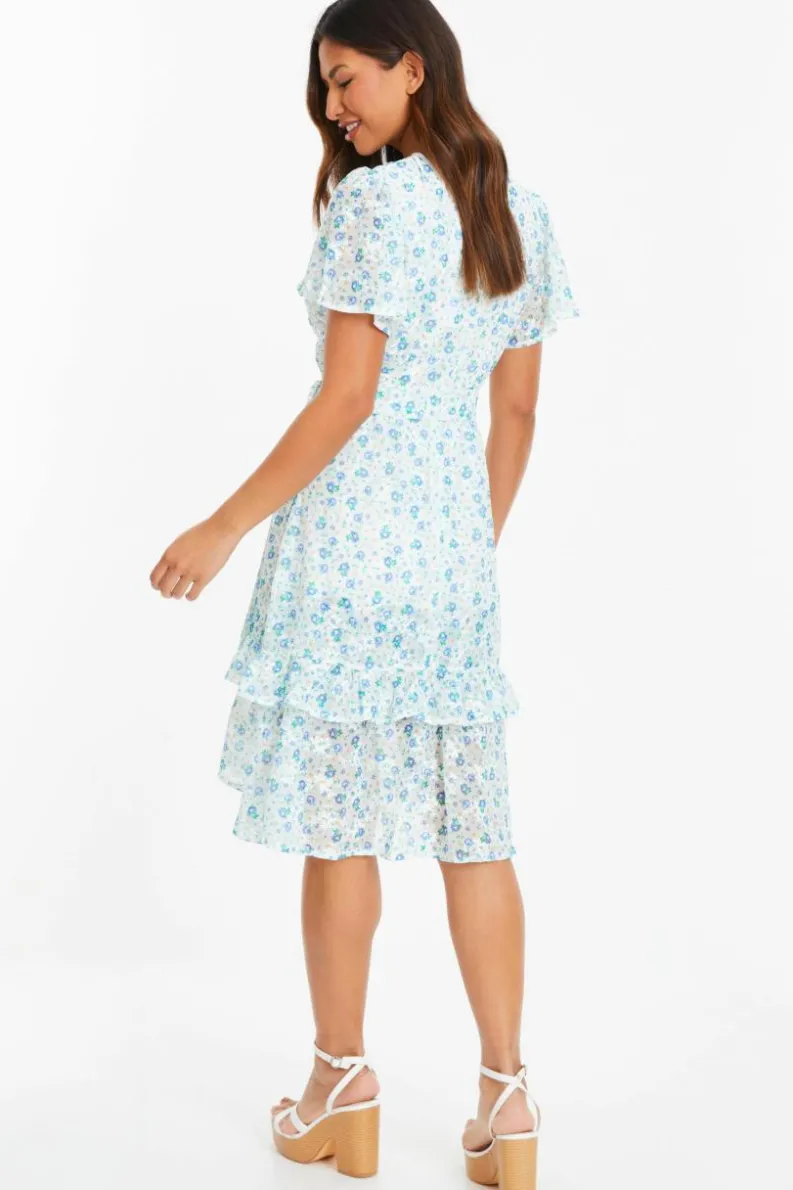 Wrap Dresses|Skater Dresses*Quiz Ditsy Print Chiffon Wrap Midi Dress White