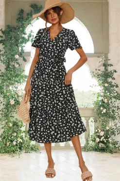 Wrap Dresses*FS Collection White Floral Print Hem Tiered Wrap Midi Dress In Black