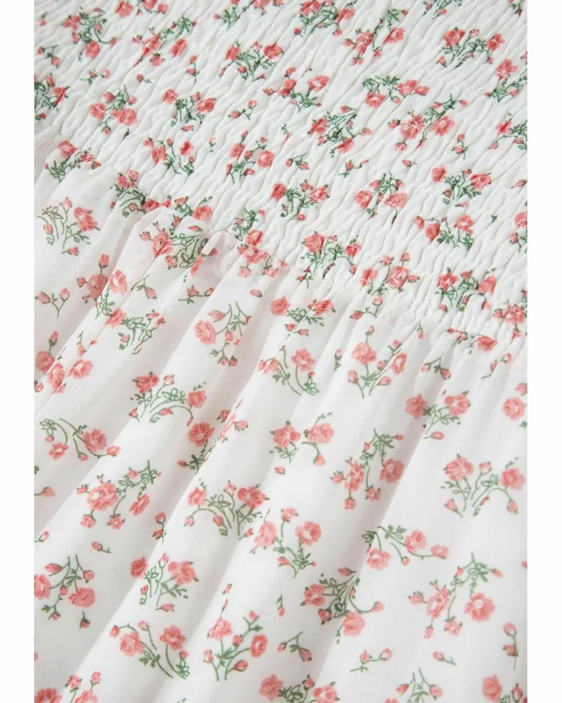 Midi Dresses*Azura Exchange Floral Print Shirred Ruffled Hem Square Neck Midi Dress White