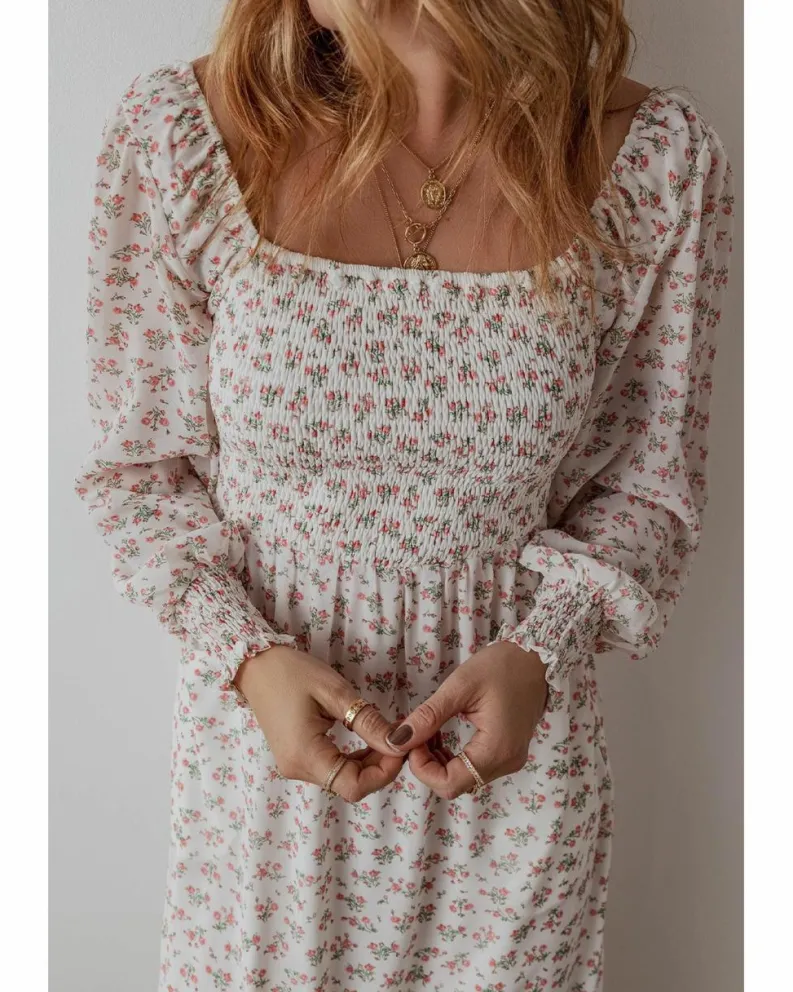 Midi Dresses*Azura Exchange Floral Print Shirred Ruffled Hem Square Neck Midi Dress White