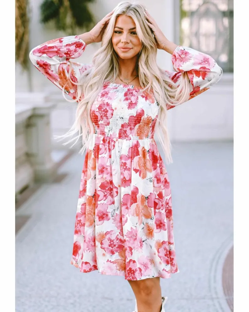 Smock Dresses*Azura Exchange Floral Print Smocked Puff Sleeve Mini Dress White