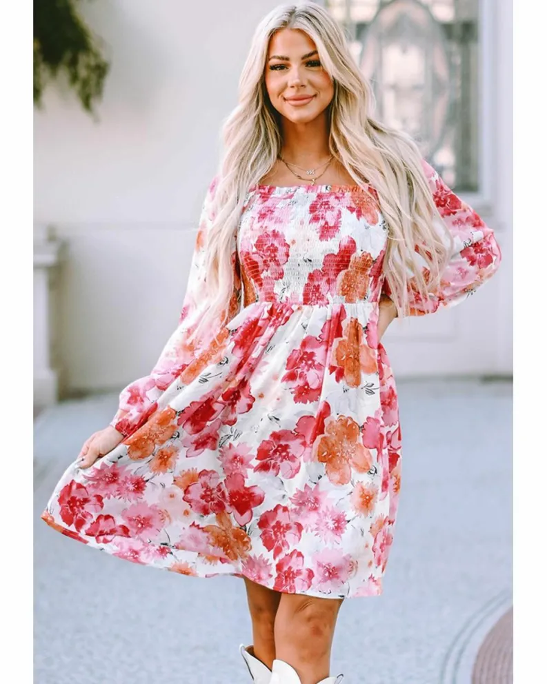 Smock Dresses*Azura Exchange Floral Print Smocked Puff Sleeve Mini Dress White