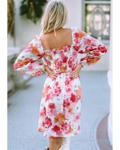 Smock Dresses*Azura Exchange Floral Print Smocked Puff Sleeve Mini Dress White