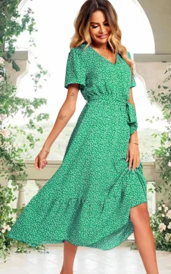 Wrap Dresses|Midi Dresses*FS Collection White Little Flower Print Short Sleeve Wrap Style Midi Dress In Green