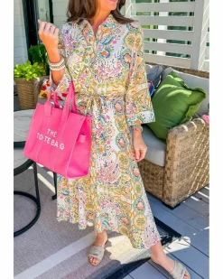 Midi Dresses*Azura Exchange Paisley Print Buttoned Knotted High Waist Midi Dress White