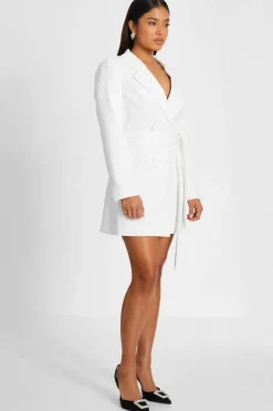 Blazer Dresses*Quiz Petite Rhinestone Tie Belt Blazer Dress White