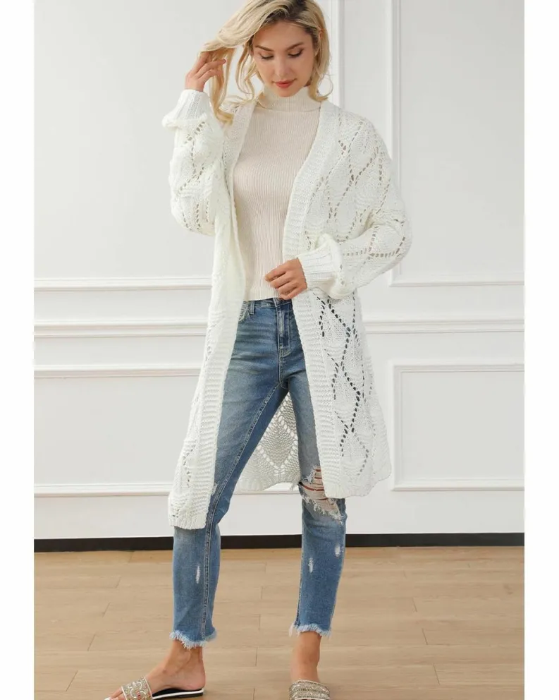 Cardigans*Azura Exchange Rhombus Hollowed Knit Open Front Cardigan White