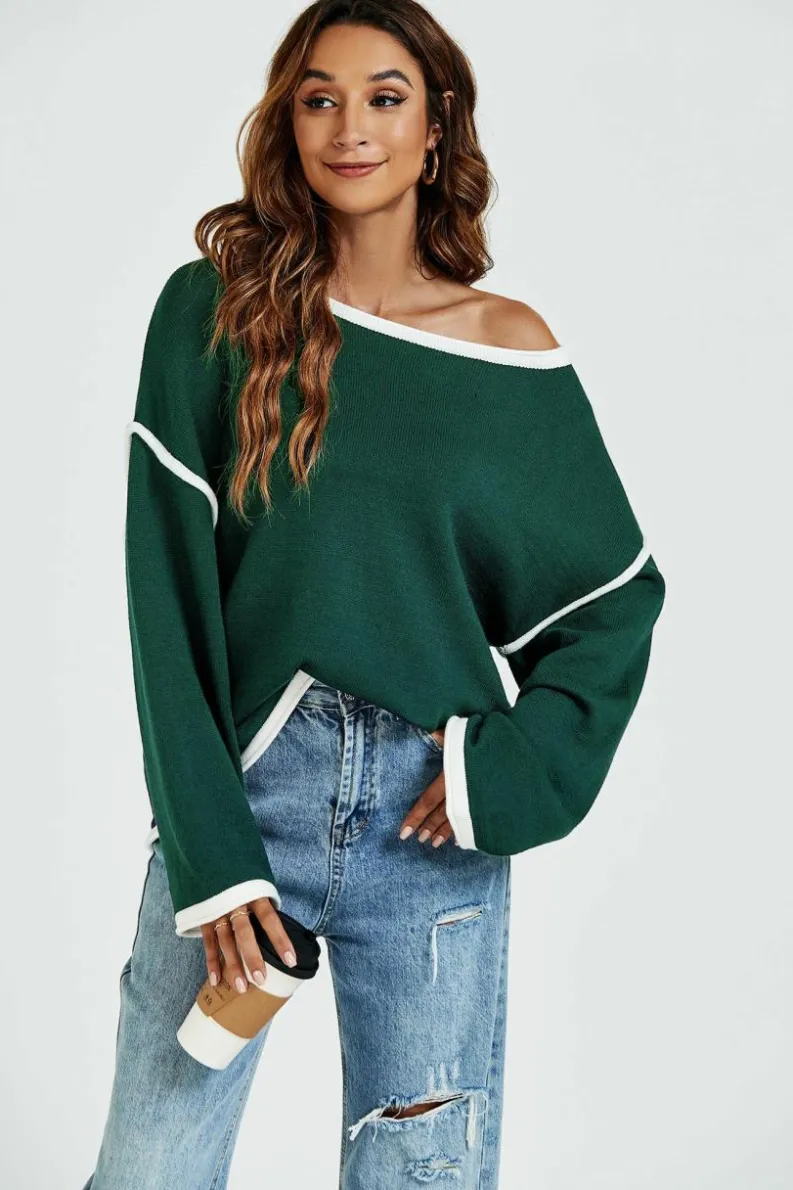 Oversized Jumpers*FS Collection White Striped Oversized Jumper Top Dark Green